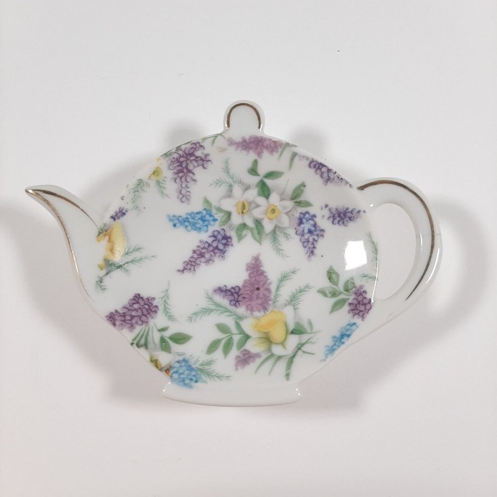 Vintage Lefton China Tea Pot Tea Bag Holder Lilac and Daffodils